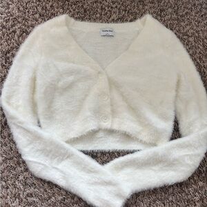 Aritzia Sunday Best Ivory Fuzzy Cropped Button-Up Sweater